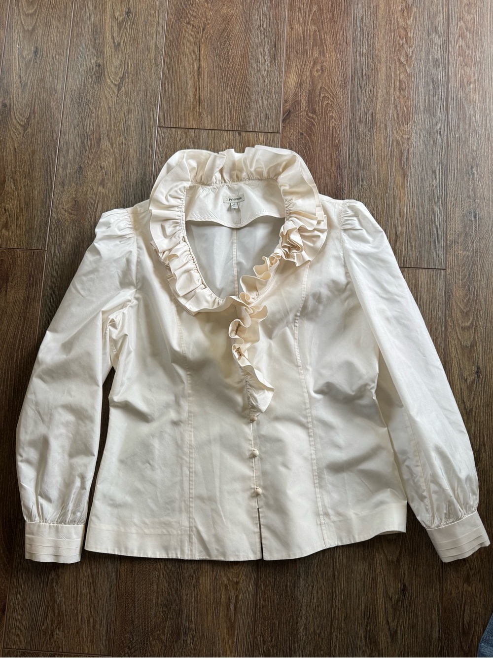 J. Peterman 12 Cream Ruffled Collar Silk Blouse